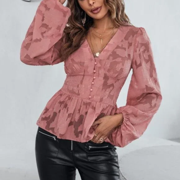 Pink Bishop Sleeve Peplum Blouse - Picture 4 of 8